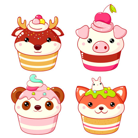 Set of cute sweet animal-shaped desserts in kawaii style. Cake, muffin and cupcake with whipped cream and berry. Deer, panda, fox and pig. Vector illustration EPS8のイラスト素材