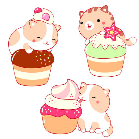 Set of little cats with desserts in kawaii style. Collection of cute kitten with cake, muffin and cupcake with whipped cream and berry. Vector illustration EPS8のイラスト素材