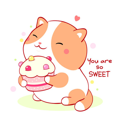 You are so sweet. Cute fat kitten hugs cupcake. Can be used for design of t-shirt, poster, print, card. Vector illustration EPS8のイラスト素材