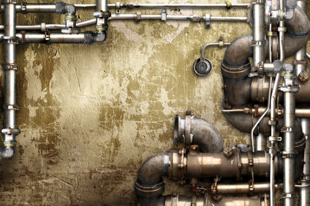 Vintage steampunk backdrop with pipes on stucco wall. Open space with concrete wall and pipelines. Mockup template. Copy space for text. Grunge interior retro backgroundの写真素材