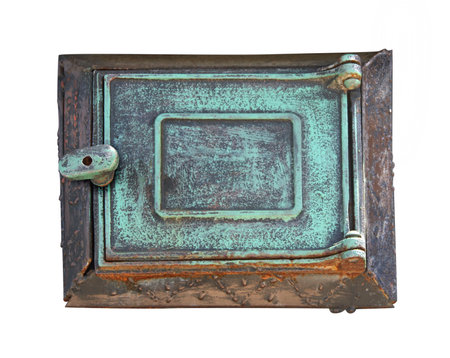 Metallic frame with vintage details. Old stove door. Horizontal retro banner. Isolated on white background. Mock up template. Copy space for text. Can be used for steampunk and mechanical designの写真素材