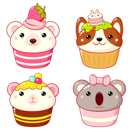 Set of cute sweet animal-shaped desserts in kawaii style. Cake, muffin and cupcake with whipped cream and berry. Koala, polar bear, mouse and dog. Vector illustration EPS8のイラスト素材