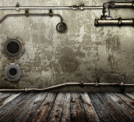 Vintage steampunk backdrop with pipes, stucco wall and wooden floor. Open space with concrete wall, pipelines and wooden floor. Mock-up with copy space. Grunge interior background. 3d renderの写真素材