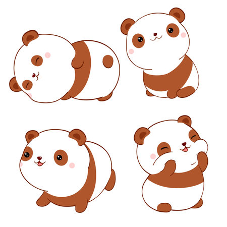 Set of cute fat pandas kawaii style. Collection of lovely baby panda in different poses. Can be used for t-shirt print, stickers, greeting card design. Vector illustration EPS8のイラスト素材
