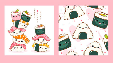 Set of seamless pattern and one print with cute sushi and roll in kawaii style. Endless texture can be used for textile pattern fills, t-shirt design, web page background. Vector illustration EPS8のイラスト素材