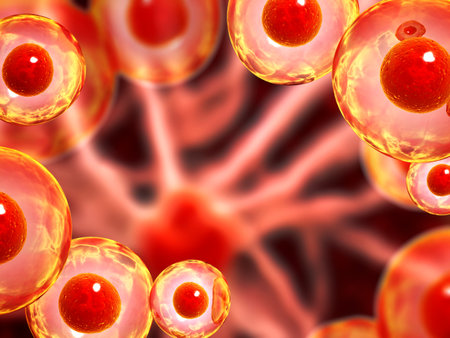 Horizontal banner with organic cells. Virus, germ or bacteria on abstract background. Science banner with cell stem. Copy space for text. 3d renderの写真素材