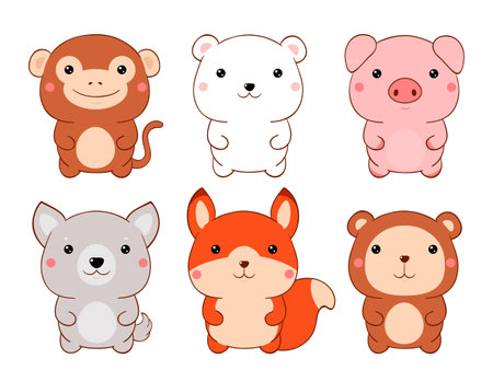 Set of cute fat cartoon animals in kawaii style. Collection of lovely animal baby. Funny monkey, squirrel, polar bear, wolf, gopher, pig. Vector illustration EPS8のイラスト素材
