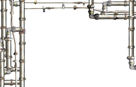 Vintage steampunk decoration with pipes. Retro pipelines and pipe elbow. Industrial backdrop with old pipeline. Oil, gas or steam pipeline with fittings and valves. Isolated on white backgroundの写真素材