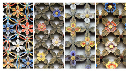 Set of vertical or horizontal banners with detail of old wooden wall with carved floral ornament. Collection of backgrounds with korean vintage wooden decorationsの写真素材