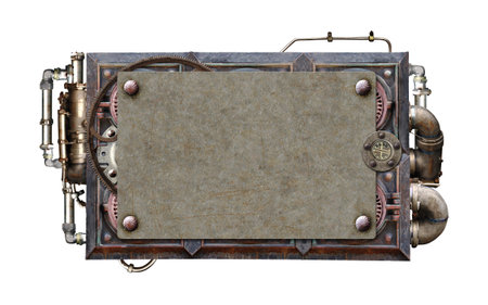 Vintage metallic frame with rivets, pipelines, pipe elbow. Isolated on white background. Mockup template. Copy space for text. Steampunk style decor with pipes. Industrial backdrop with old pipelineの写真素材
