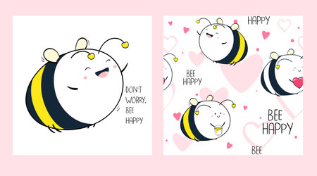 Don't worry, bee happy. Set of seamless pattern and one print with cute cheerful fat bee. Endless texture can be used for textile pattern fills, t-shirt design, web page background. Vector EPS8のイラスト素材