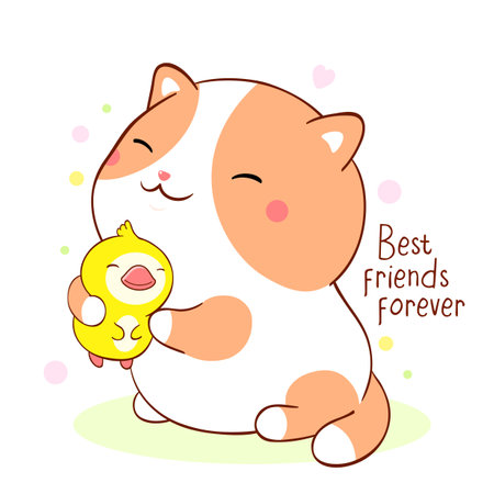 Best friends forever. Cute fat kitten hugs duckling friend. Can be used for design of t-shirt, poster, print, card. Vector illustration EPS8のイラスト素材