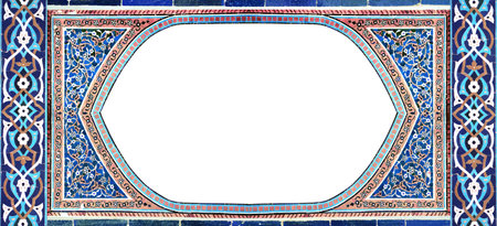 Detail of traditional persian mosaic wall with geometric and floral ornament, Iran. Horizontal frame with ceramic tile. Isolated on white background. Mock up template. Copy space for textの写真素材