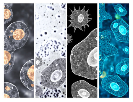 Set of horizontal or vertical banner with pathogenic bacterias and viruses. Amoeba under microscope. Fast multiplication of bacteria. Infection and microbe. Copy space for text. 3d renderの写真素材