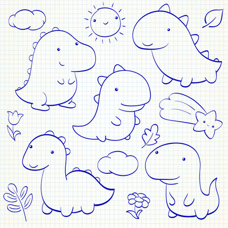 Kids collection of doodle elements - cute dino, cloud, sun, leaf, comet. Set of sketches in hand drawn style. Collection of smiling cartoon dinosaurios. Vector illustration EPS8のイラスト素材