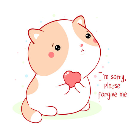 Apologize card. Sad little kitten with pink heart. Inscription I'm sorry, please forgive me. Cute baby cat apologize. Vector illustration EPS8のイラスト素材