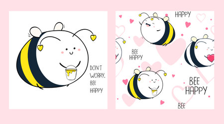 Don't worry, bee happy. Set of seamless pattern and one print with cute cheerful fat bee. Endless texture can be used for textile pattern fills, t-shirt design, web page background. Vector EPS8のイラスト素材