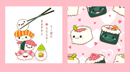 Set of seamless pattern and one print with cute sushi and roll in kawaii style. Endless texture can be used for textile pattern fills, t-shirt design, web page background. Vector illustration EPS8のイラスト素材