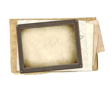 Vintage elements for scrapbooking. Old empty card and retro envelope. Object isolated on white background. Mock up template. Copy space for textの写真素材