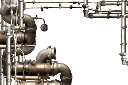 Vintage steampunk decoration with pipes. Retro pipelines and pipe elbow. Industrial backdrop with old pipeline. Oil, gas or steam pipeline with fittings and valves. Isolated on white backgroundの写真素材