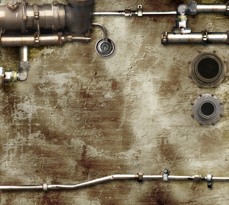 Vintage steampunk backdrop with pipes on stucco wall. Open space with concrete wall and pipelines. Mock-up with copy space. Grunge interior background. 3d renderの写真素材
