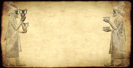 Grunge banner with paper texture and bas-relief with foreign ambassadors, Persepolis, Iran. Horizontal background with embossed image persian bearded mans. Mock up template. Copy space for textの写真素材