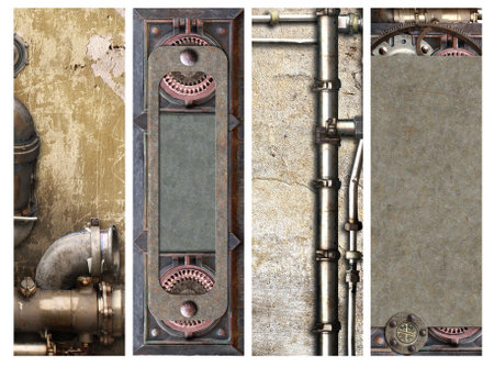 Set of vintage steampunk backdrop with pipes on stucco wall. Collection of vertical banners with concrete wall and pipelines. Mockup template. Copy space for text. Grunge interior retro backgroundの写真素材