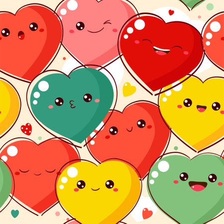 Seamless pattern with cartoon hearts with emoji faces. Cute Valentine print in kawaii style. Endless texture can be used for textile pattern fills, t-shirt design, web page background. Vector EPS8のイラスト素材