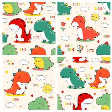 Kids collection of cute dino print.  Set of seamless pattern with little cartoon dinosaurios. Endless texture can be used for textile pattern fills, t-shirt design, web page background. Vector EPS8&#xD;&#xA;のイラスト素材