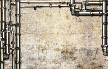 Vintage steampunk backdrop with pipes on stucco wall. Open space with concrete wall and pipelines. Mockup template. Copy space for text. Grunge interior retro backgroundの写真素材