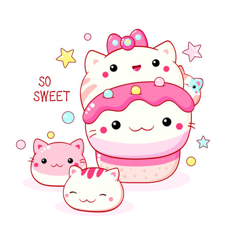 Cute cat-shaped dessert in kawaii style. Cake, muffin and cupcake with whipped cream and berry. Inscription So sweet. Can be used for t-shirt print, sticker, greeting card. Vector illustration EPS8のイラスト素材