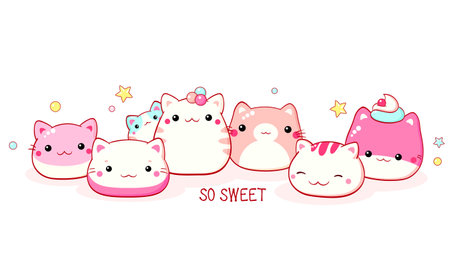Traditional Chinese animal-shaped mantou buns. Cute cat-shaped dessert in kawaii style. Inscription So sweet. Can be used for t-shirt print, sticker, greeting card. Vector illustration EPS8のイラスト素材