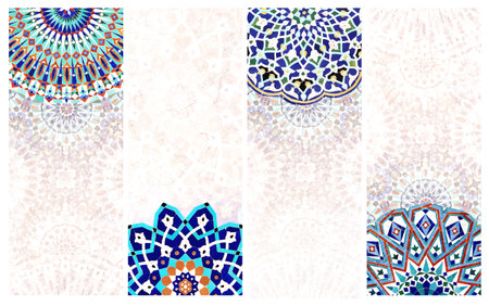 Set of vertical or horizontal banners with detail of traditional persian mosaic wall with geometric and floral ornament, Iran. Collection of vintage background with ceramic tile. Copy space for textの写真素材