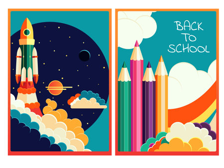 Back to school. Set of education banner in paper cut style with rocket, pencil, clouds. Can be used for greeting card, poster, flyer, label, sticker, tag design. Vector illustration EPS8のイラスト素材