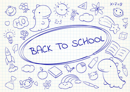 Back to school. Set of cute hand drawn sketches. Collection of funny sketch on notebook page - faces of boy and girl, dino, cat, leaf, sun, rainbow, rocket, apple, brush. Vector illustration EPS8のイラスト素材