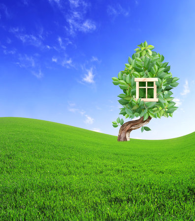 Eco friendly home concept. Ecology and green house conception. Green and environmentally friendly housing. Summer landscape with eco house made up of green leaves on a green meadowの写真素材