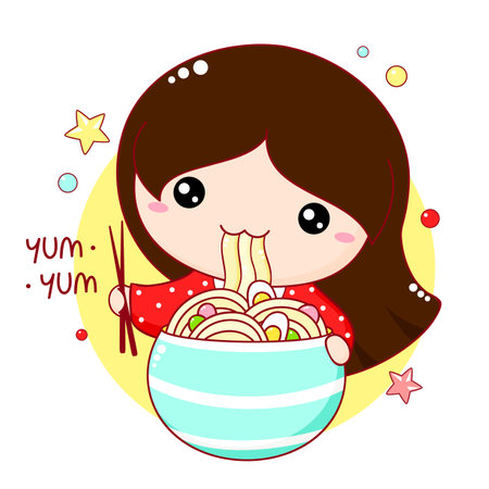 Cute little girl eat ramen noodles. Inscription Yum yum. Kawaii baby girl are happy to eat noodles. Can be used for t-shirt, poster, greeting card design. Vector illustration EPS8のイラスト素材