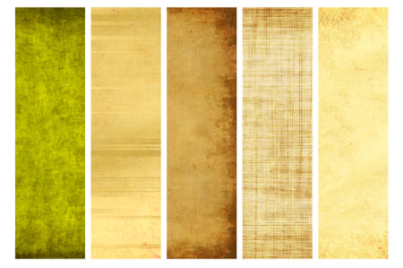 Set of vertical or horizontal banners with old paper texture and retro patterns with strips. Vintage backgrounds with grunge paper material. Copy space for textの写真素材