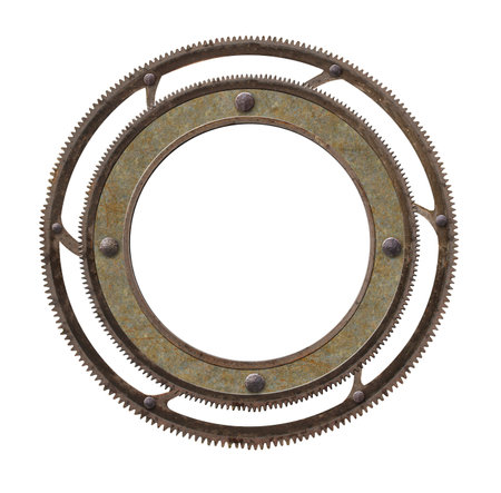 Metallic round frame with vintage metal details, gear and retro rivets. Isolated on white background. Mock up template. Copy space for text. Can be used for steampunk and mechanical designの写真素材