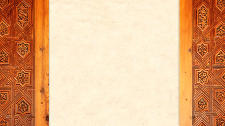 Vertical or horizontal background with wood carving frames with floral ornament and stucco texture. Ancient decorative carved border on wooden surface. Mock up template. Copy space for textの写真素材