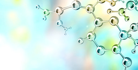 Horizontal banner with model of abstract molecular structure. Background of blue, yellow and green color with glass atom model. Copy space for your text. 3d renderの写真素材