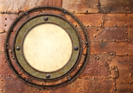 Horizontal background metallic round frame with vintage machine gears and retro cogwheel. Mock up template. Copy space for text. Can be used for steampunk and mechanical designの写真素材