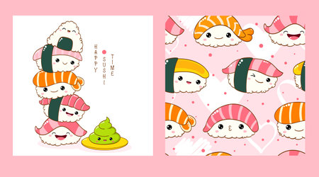 Set of seamless pattern and one print with cute sushi and roll in kawaii style. Endless texture can be used for textile pattern fills, t-shirt design, web page background. Vector illustration EPS8のイラスト素材