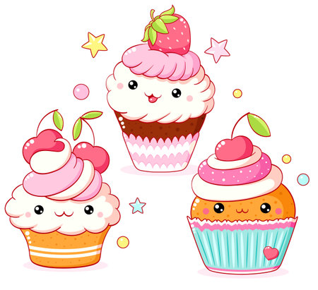Set of cute sweet desserts in kawaii style with smiling face and pink cheeks. Cake, muffin and cupcake with whipped cream, cherry and strawberry. Vector illustration EPS8のイラスト素材