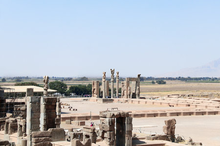 Top view of Persepolis. Aerial view on archeological site and Gate of All Nations (Xerxes Gate) with stone statues of lamassu in ancient city Persepolis, Iran. UNESCO world heritage siteのeditorial素材
