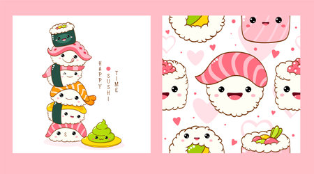 Set of seamless pattern and one print with cute sushi and roll in kawaii style. Endless texture can be used for textile pattern fills, t-shirt design, web page background. Vector illustration EPS8のイラスト素材
