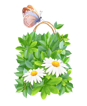 Responsible consumption. Butterfly and shopping bag made from green leaves and flowers. Eco-friendly business. Ecology and zero waste concept. Isolated on white backgroundの写真素材