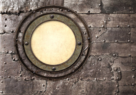 Horizontal background metallic round frame with vintage machine gears and retro cogwheel. Mock up template. Copy space for text. Can be used for steampunk and mechanical designの写真素材