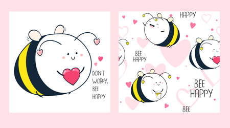 Don't worry, bee happy. Set of seamless pattern and one print with cute cheerful fat bee. Endless texture can be used for textile pattern fills, t-shirt design, web page background. Vector EPS8のイラスト素材