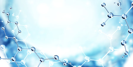 Horizontal banner with model of abstract molecular structure. Background of blue color with glass atom model. Copy space for your text. 3d renderの写真素材